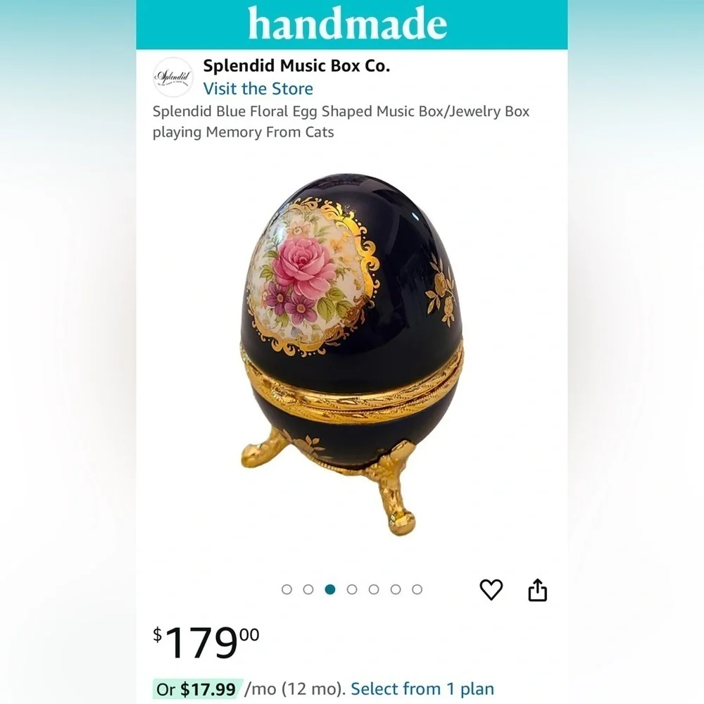 Splendid Blue Floral Egg Music Box Jewelry Box Plays Memory from Cats